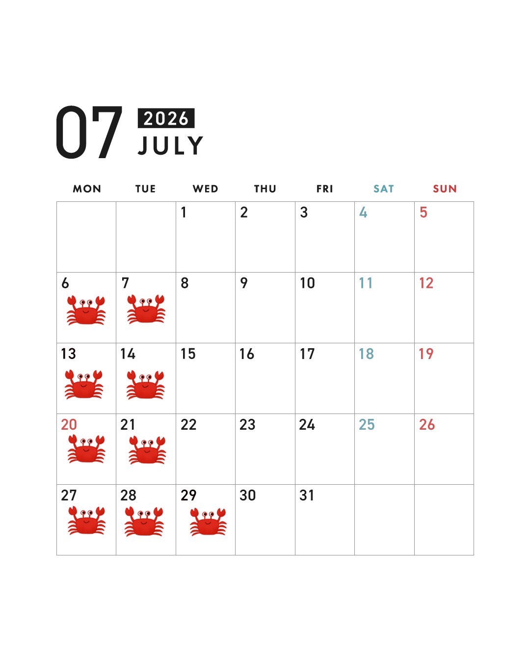 7月のカレンダー